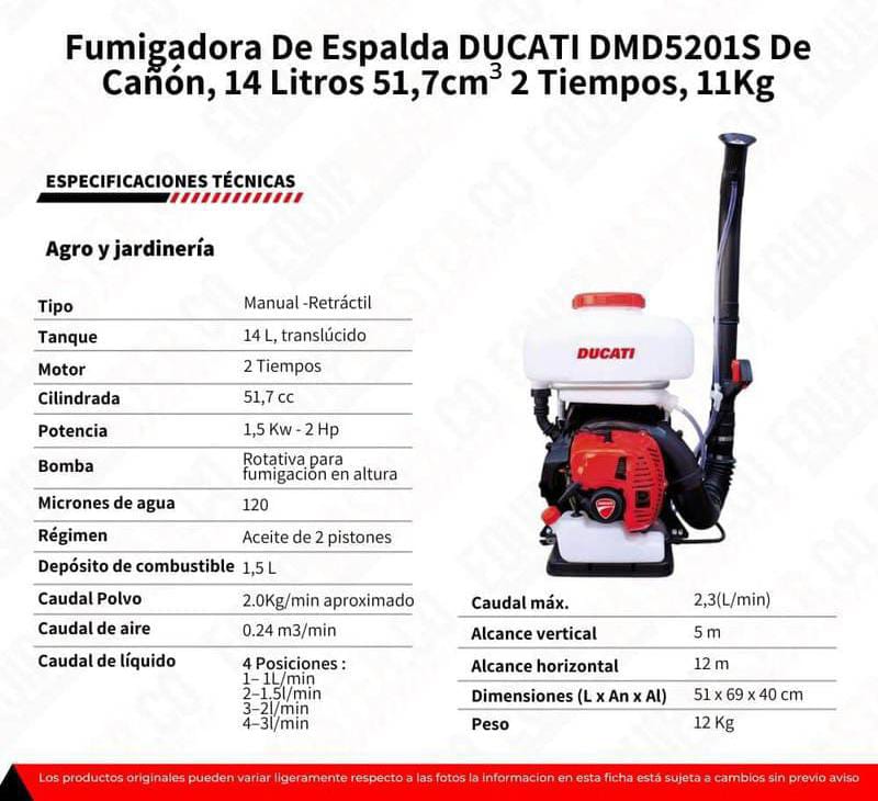 BOMBA FUMIGADORA DE MOCHILA DE CAÑON DUCATI 2 TIEMPOS