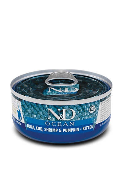 ALIMENTO HUMEDO PARA GATO EN LATA N&D OCEAN TUNA, COD, SHRIMP & PUMPKIN KITTEN 70 GR