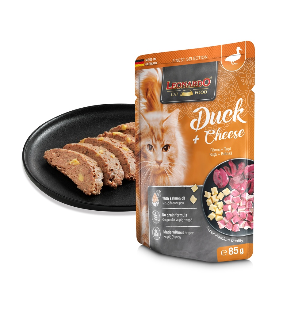 ALIMENTO HUMEDO PARA GATO LEONARDO PATO Y QUESO 85GR
