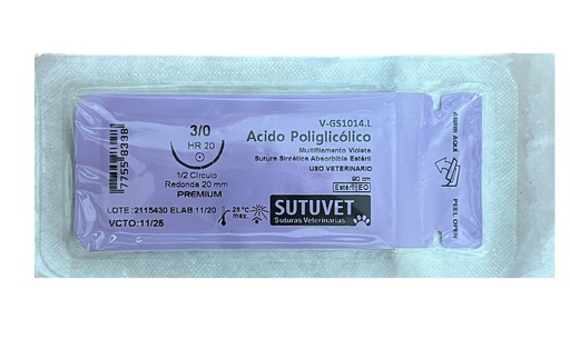 SUTURA DE POLYGLUCOLIC VICRYL 3/0 CON AGUJA 20MM 1/2 REDONDA