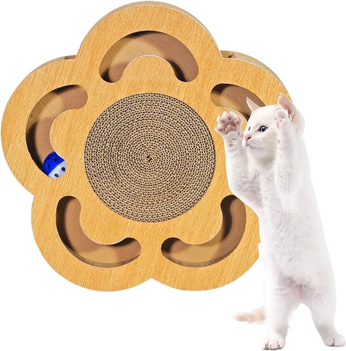 [23243-6] RASCADOR PARA GATO DISEÑO MADERA CON JUGUETE INTERACTIVO FLOR